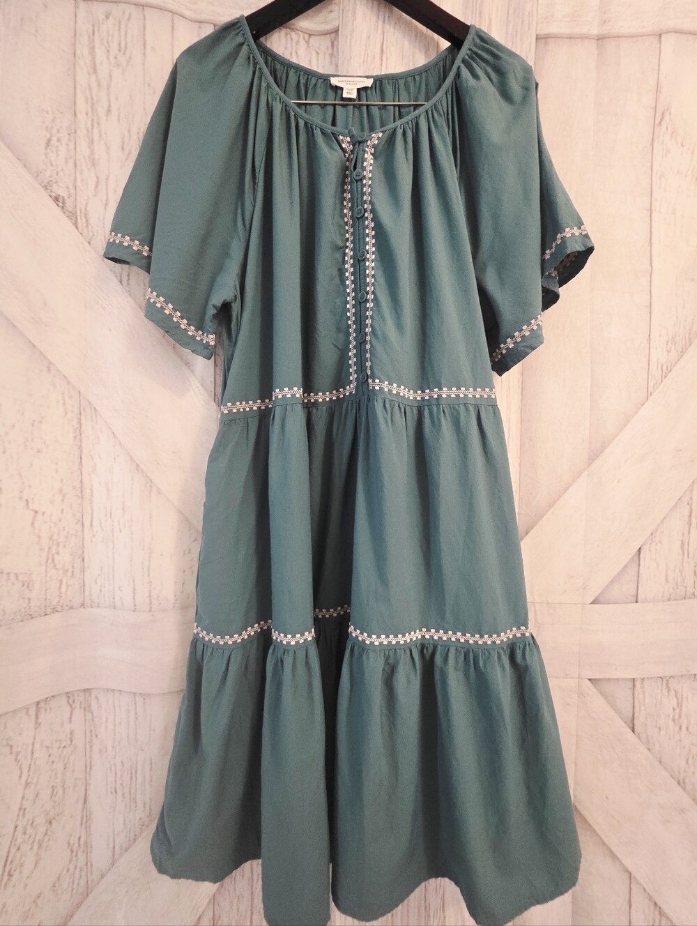 BeachLunchLounge XXL Teal Boho Tiered Dress Embroidered Trim Midi Dress